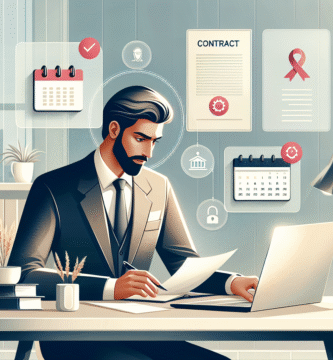 Moderne illustrasjon av en gründer ved skrivebord med kalender, laptop, kontrakt og varselikoner, lys og profesjonell stil