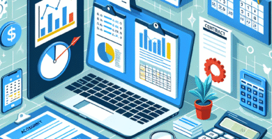 Illustrasjon av en moderne bedriftsøkonomi: en laptop med regnskapsskjermer, kalkulator, kontrakter og en kalender, lys, profesjonell stil