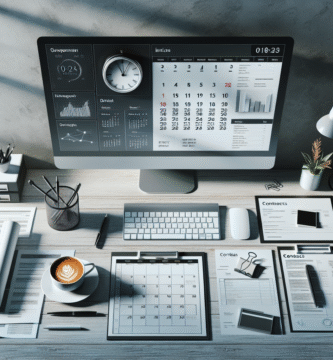 Oversiktsbilde av en moderne kontorpult med digital kalender på skjerm, kontrakter, fakturaer og en cup kaffe, nøkternt og profesjonelt lys