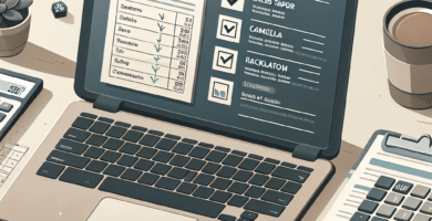 Illustrasjon av en moderne kontorsituasjon: en laptop med MVA-rapport på skjermen, sjekkliste ved siden av, kalkulator og kaffekopp, nøytrale farger og profesjonelt uttrykk